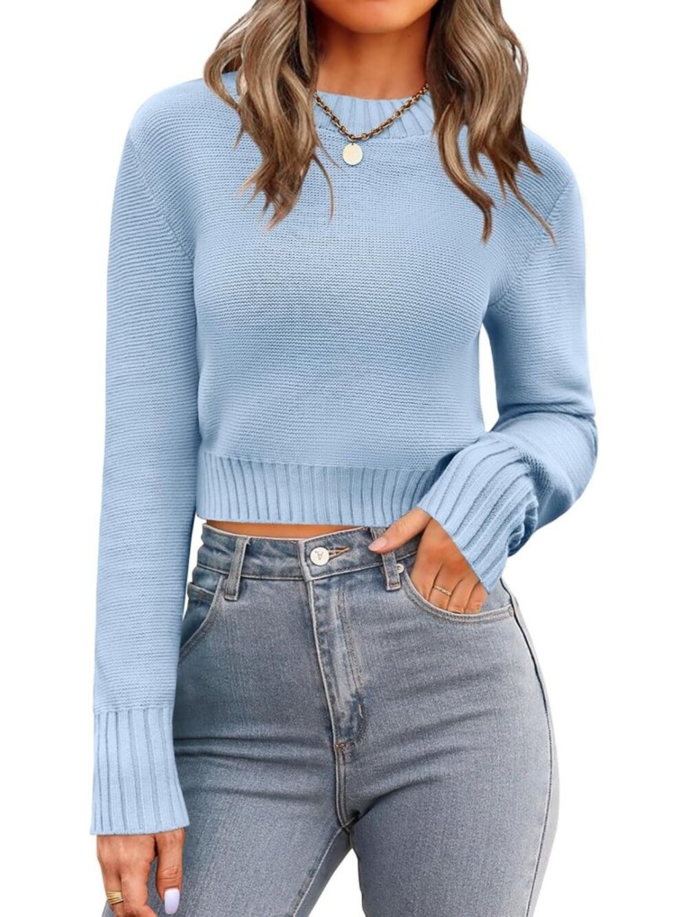 Cozy Fall Crewneck Cropped Sweater - Long Sleeve Knit Top for Women